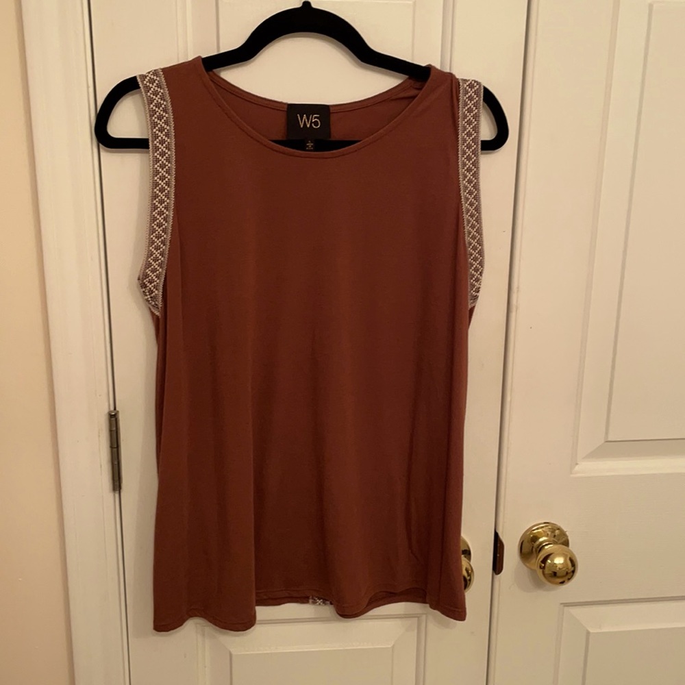 Brown Tank Top w/Cream Embroidered Border